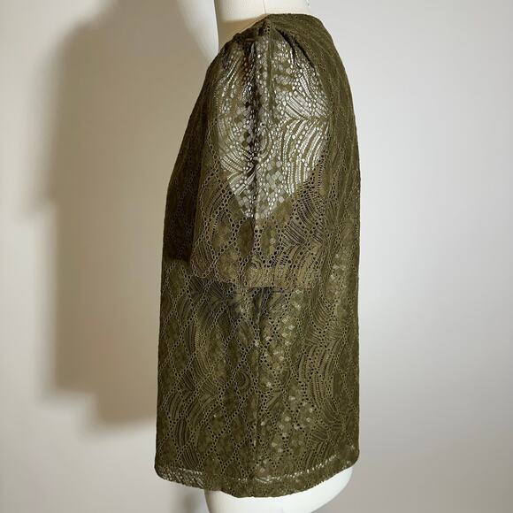 Liz Claiborne Moss Green Short Puff Sleeve Keyhole Lace Blouse Womens Size Small - Picture 3 of 8